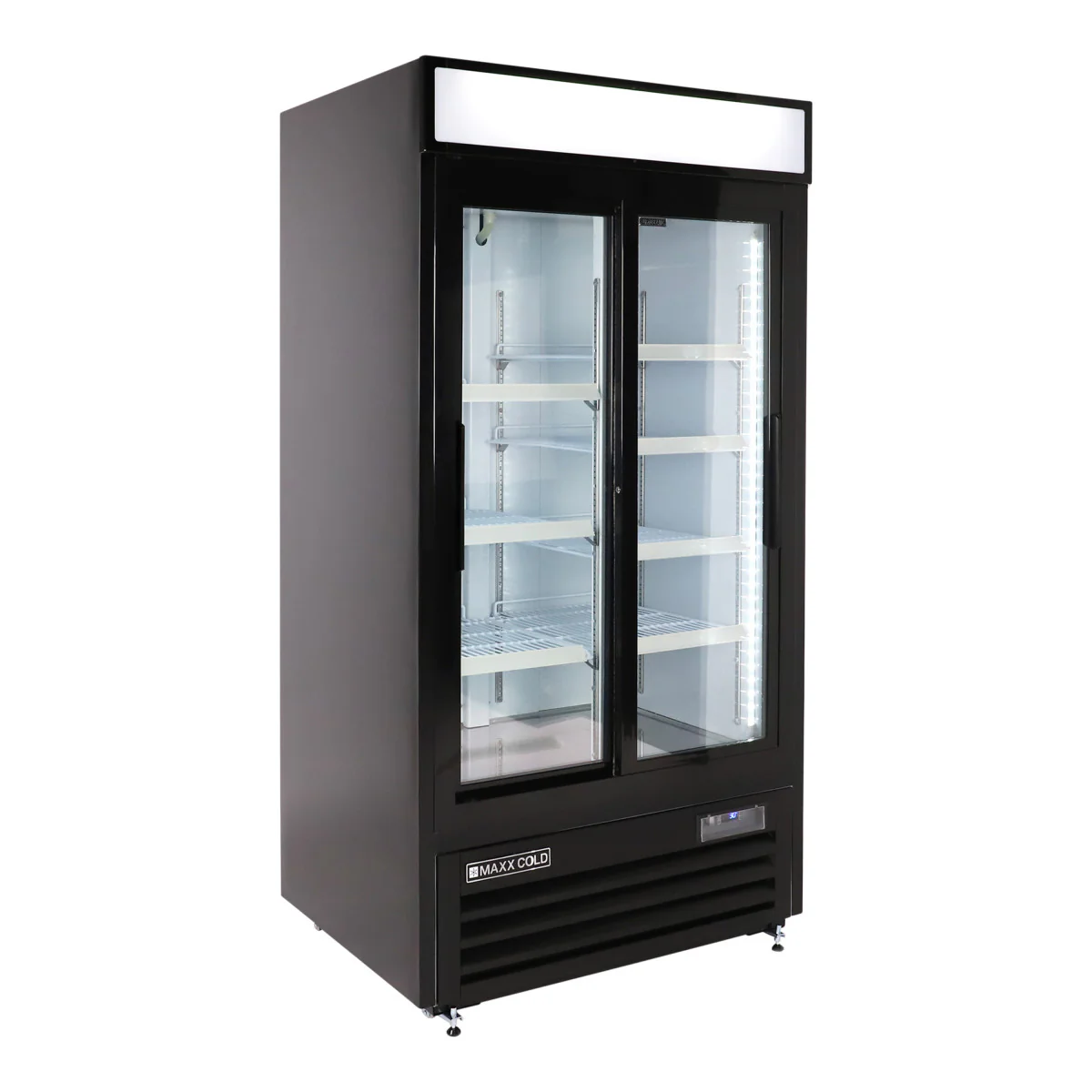 Maxx Cold Narrow Width Sliding Glass Door Merchandiser Refrigerator, Double Door